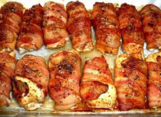 ρολάκια κοτόπουλου με τυρί κρέμα σε μπέικον