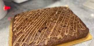 Μια αφράτη σοκολατόπιτα, κομμένη σε φέτες, με ορατή υγρασία και ενδεχομένως γαρνιτούρα σοκολάτας, υπονοώντας την παρουσία κολοκυθιών.