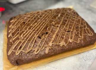 Μια αφράτη σοκολατόπιτα, κομμένη σε φέτες, με ορατή υγρασία και ενδεχομένως γαρνιτούρα σοκολάτας, υπονοώντας την παρουσία κολοκυθιών.