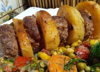 Τα ψημένα **Μπιφτέκια με Αρακά** και πατάτες στο φούρνο, σερβιρισμένα