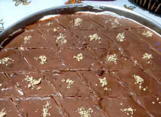 Μια πλούσια πάστα ταψιού με στρώσεις σοκολάτας και κρέμας γαρνιρισμένη με κομψά σχέδια από λευκή σαντιγί