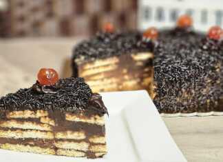 Το τελικό αποτέλεσμα της **Τούρτα Σοκολάτα Ψυγείου** διακοσμημένο με τρούφα