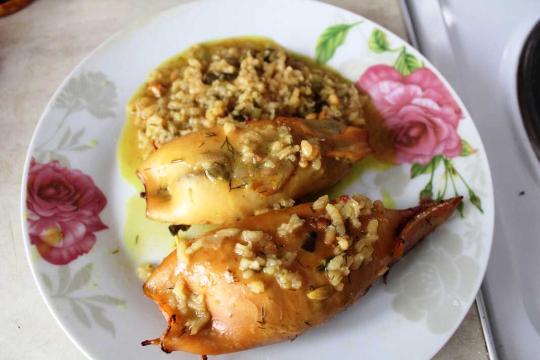 Λαχταριστά καλαμάρια γεμιστά με ρύζι σερβιρισμένα σε πιάτο.