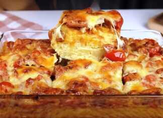 Γκρατέν με ντομάτες πατάτες και λουκάνικα Γκρατέν με ντομάτες πατάτες και λουκάνικα