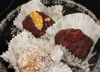 Σπιτικά τρουφάκια με κανταΐφι, καρύδια και γλυκό πορτοκάλι, επικαλυμμένα με λιωμένη σοκολάτα.