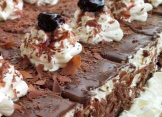 Ένα κομμάτι πάστας ταψιού Μπλακ Φόρεστ με στρώσεις σοκολάτας, κρέμας, βύσσινου και γκανάζ.