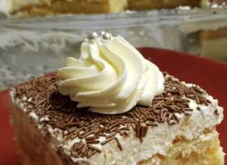 Ένα κομμάτι γλυκού σε ένα πιάτο, με στρώσεις από σιροπιασμένες φρυγανιές, μια παχιά στρώση κίτρινης κρέμας και λευκή σαντιγί στην κορυφή, πασπαλισμένο με κανέλα.