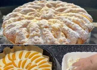 Μια στρογγυλή, χρυσαφένια τούρτα με φέτες ροδάκινου τοποθετημένες σε σχέδιο και μια στρώση ψίχουλων στην επιφάνεια, σε μια λευκή πιατέλα.