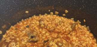 Ένα κοτόπουλο κοκκινιστό και χυλοπίτες, έτοιμο για σερβίρισμα.