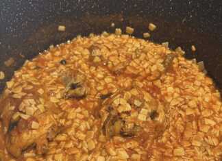 Ένα κοτόπουλο κοκκινιστό και χυλοπίτες, έτοιμο για σερβίρισμα.