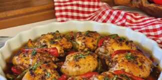 Ταψί με ψητά μπούτια κοτόπουλου και πολύχρωμες πιπεριές.