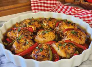Ταψί με ψητά μπούτια κοτόπουλου και πολύχρωμες πιπεριές.