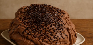 Ένας δίδκος με λαχταριστό, σπιτικό παγωτό σοκολάτα διακοσμημένο με σταγόνες σοκολάτας.