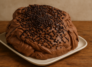 Ένας δίδκος με λαχταριστό, σπιτικό παγωτό σοκολάτα διακοσμημένο με σταγόνες σοκολάτας.