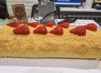 Φωτογραφία με ρολό παντεσπάνι γεμιστό με φράουλες και κρέμα γιαουρτιού.