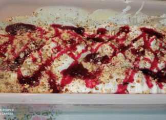 Σπιτικό παγωτό σε μεγάλο μπολ με κομμάτια σοκολάτας, ξηρούς καρπούς και σιρόπι βύσσινο.