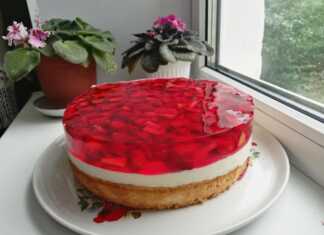 Μια στρογγυλή τούρτα με στρώσεις από παντεσπάνι, λευκή κρέμα και κόκκινες φράουλες σε διάφανο ζελέ στην κορυφή.