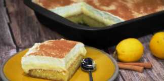 Ένα κομμάτι βυζαντινού γλυκού σιμιγδαλιού με μια στρώση κρέμας και πασπαλισμένη κανέλα.