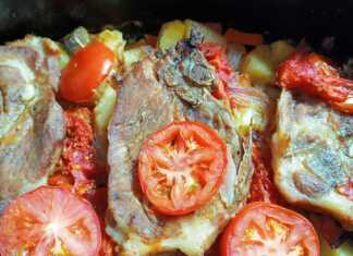 Χοιρινές μπριζόλες στην γάστρα με πατάτες, καρότα και μελιτζάνες, έτοιμες για σερβίρισμα.