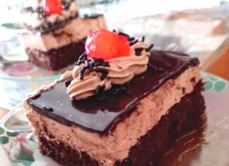 Ένα κομμάτι παστούλας ταψιού με στρώσεις παντεσπανιού σοκολάτας, κρέμας και γλάσου σοκολάτας.