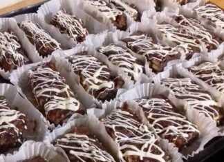 Ένα πιάτο γεμάτο με τετράγωνα κομμάτια σκούρου σοκολατένιου κορμού με μπισκότα, στολισμένα με λευκές γραμμές λιωμένης σοκολάτας.