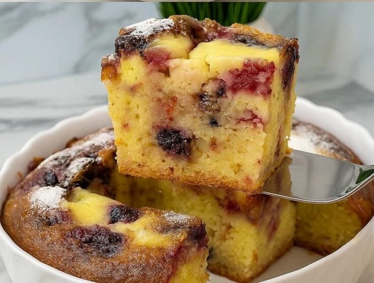 Ενα χρυσαφένιο κέικ με κεράσια και κρεμώδη γέμιση, πασπαλισμένη με ζάχαρη άχνη, σερβιρισμένη σε μια λευκή πιατέλα.