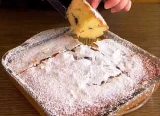 Γρήγορo Κέικ χωρίς Ταλαιπωρία Ένα κομμάτι από ένα αφράτο, χρυσαφένιο κέικ πασπαλισμένο με άχνη ζάχαρη, με κομμάτια σοκολάτας ορατά μέσα στη ζύμη.