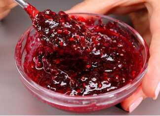 Ενα μπολ γεμάτο με κόκκινη/μωβ μαρμελάδα από διάφορα φρούτα, μερικά κομμάτια φρούτων είναι ορατά.