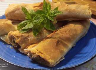 Μελιτζανόπιτα με χειροποίητο φύλλο Ένα πιάτο με χρυσαφένια, ρολαριστά κομμάτια μελιτζανόπιτας με χειροποίητο φύλλο.