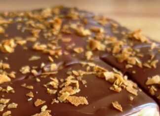 Αφράτη τούρτα ψυγείου με στρώσεις μπισκότων βουτηγμένων σε καφέ και γλάσο σοκολάτας σερβιρισμένη σε τετράγωνο πιάτο