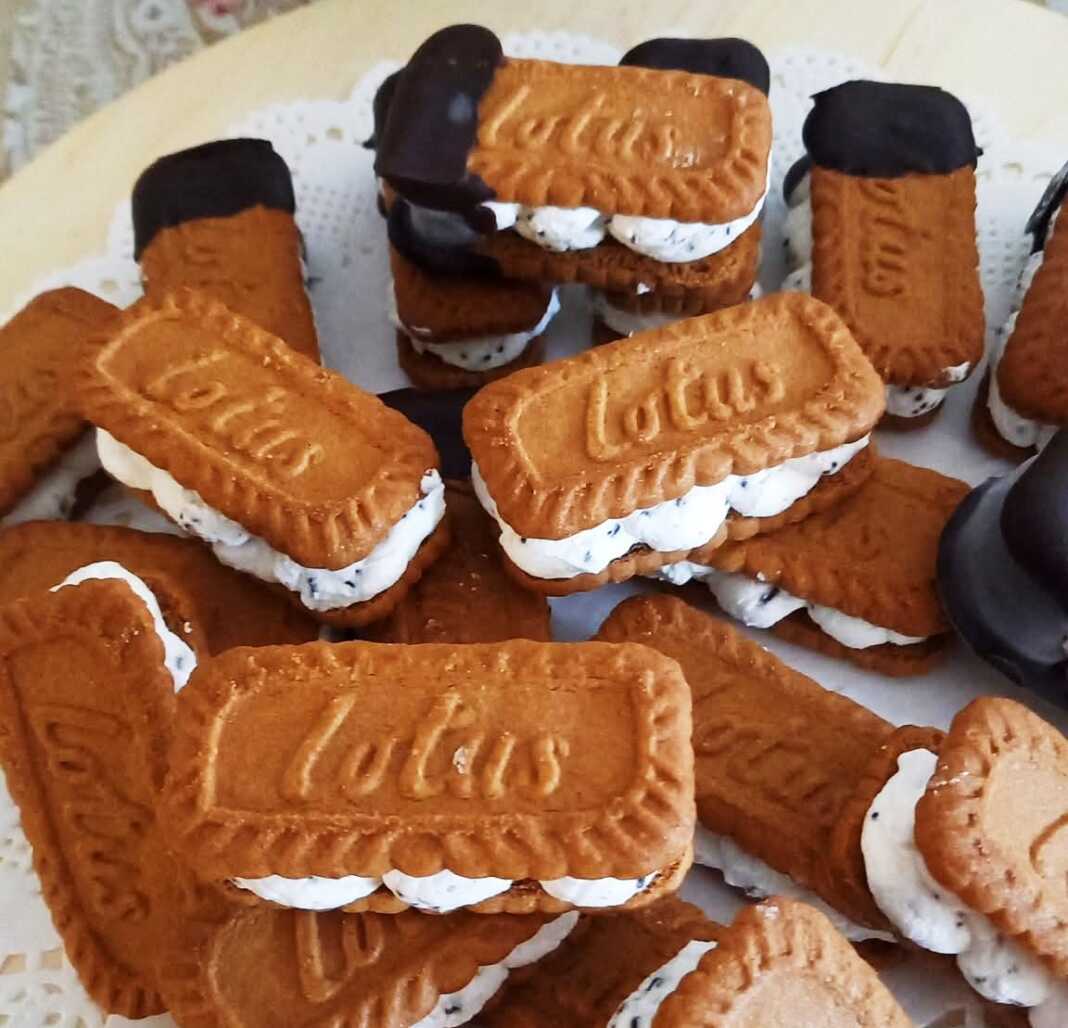 σπιτικά παγωτίνια-σάντουιτς με κρεμώδη γέμιση παγωτού ανάμεσα σε μπισκότα, το ένα με επικάλυψη σοκολάτας, πάνω σε πιατέλα.