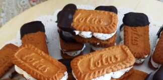 σπιτικά παγωτίνια-σάντουιτς με κρεμώδη γέμιση παγωτού ανάμεσα σε μπισκότα, το ένα με επικάλυψη σοκολάτας, πάνω σε πιατέλα.