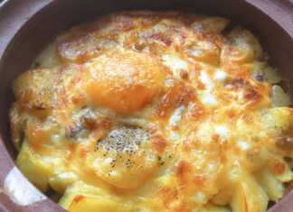 Ένα ταψί με χρυσαφένιες ψητές πατάτες, ανακατεμένες με τυρί, και δύο ολόκληρα αυγά στην επιφάνεια, ψημένα μέχρι να ροδίσουν.