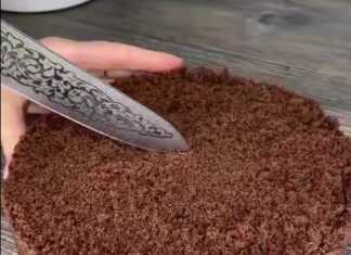 Μία σοκολατένια τούρτα χωρίς ψήσιμο, με σκούρα βάση μπισκότου και ανοιχτόχρωμη κρεμώδη στρώση, πασπαλισμένο με θρυμματισμένα μπισκότα.