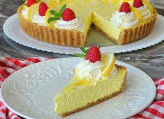 Ένα κομμάτι κρεμώδης τάρτα λεμονιού με μπισκοτένια βάση, κρεμώδη κίτρινη γέμιση, γαρνιρισμένη με φρέσκα βατόμουρα και δυόσμο, σερβιρισμένο σε ένα λευκό πιάτο.