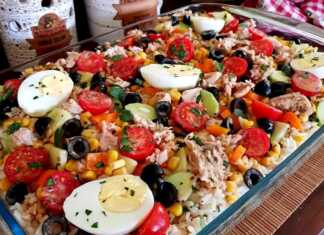 Τονοσαλάτα με Ρύζι, Λαχανικά και Δροσερό Ντρέσινγκ Μια μεγάλη πιατέλα γεμάτη με πολύχρωμη τονοσαλάτα ρυζιού, με κομμάτια τόνου, ντοματίνια, ελιές, καλαμπόκι, πιπεριές και φρέσκα μυρωδικά.