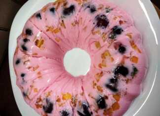 Ένα μπολ γεμάτο με ροζ γλυκό γιαούρτι και ζελέ, αναμεμειγμένο με κόκκινα κεράσια, κομματάκια νεκταρινιού, και πράσινα φυλλαράκια δυόσμου.