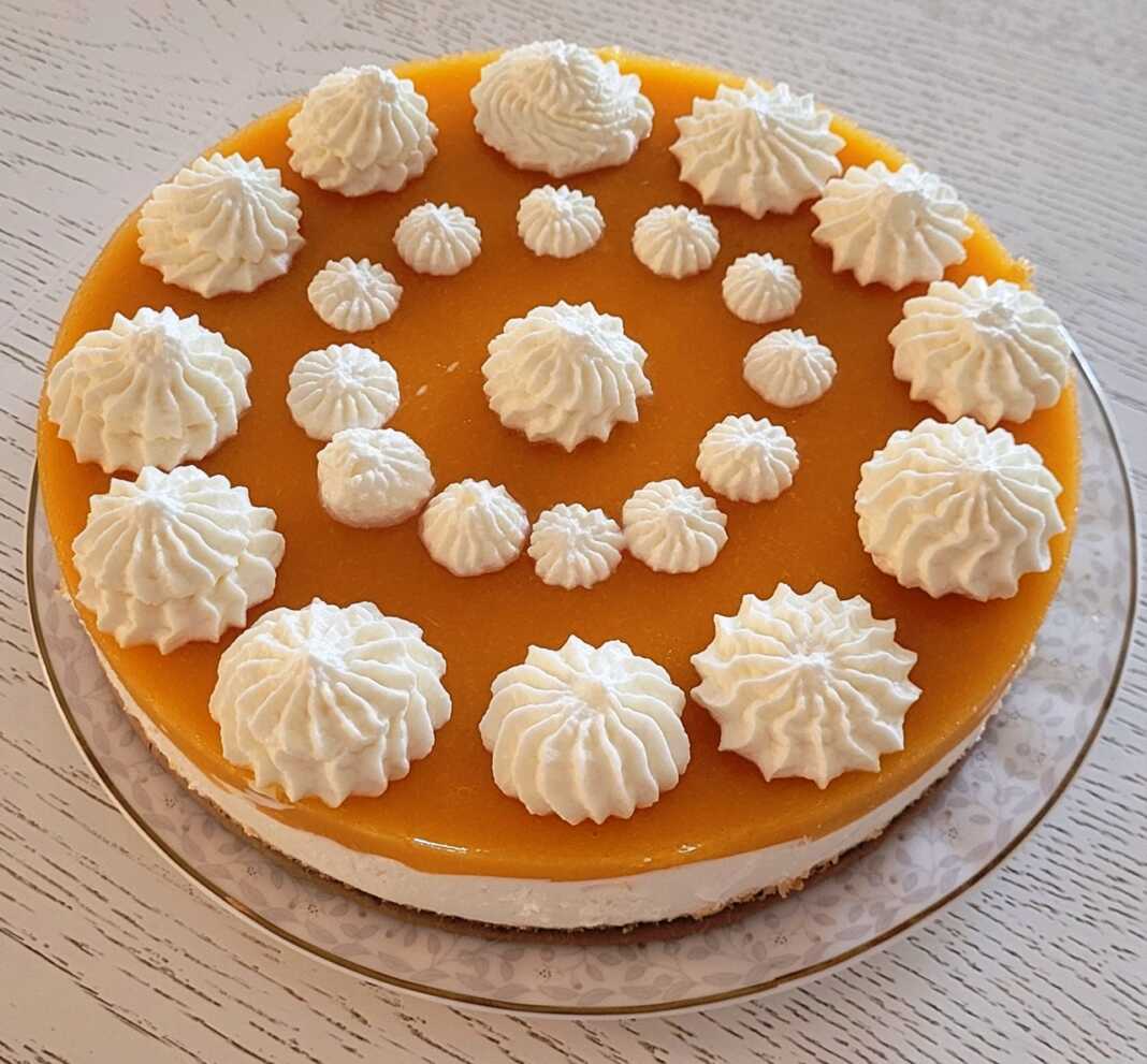 GlikoX Ένα ολόκληρο τσιζκέικ χωρίς ψήσιμο με ροδάκινα, γαρνιρισμένο με σαντιγί, έτοιμο για σερβίρισμα.