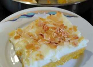 Κομμάτι Πορτοκαλόπιτας με ορατές τις στρώσεις παντεσπανιού, σιροπιού και κρέμας, πασπαλισμένο με αμύγδαλο.