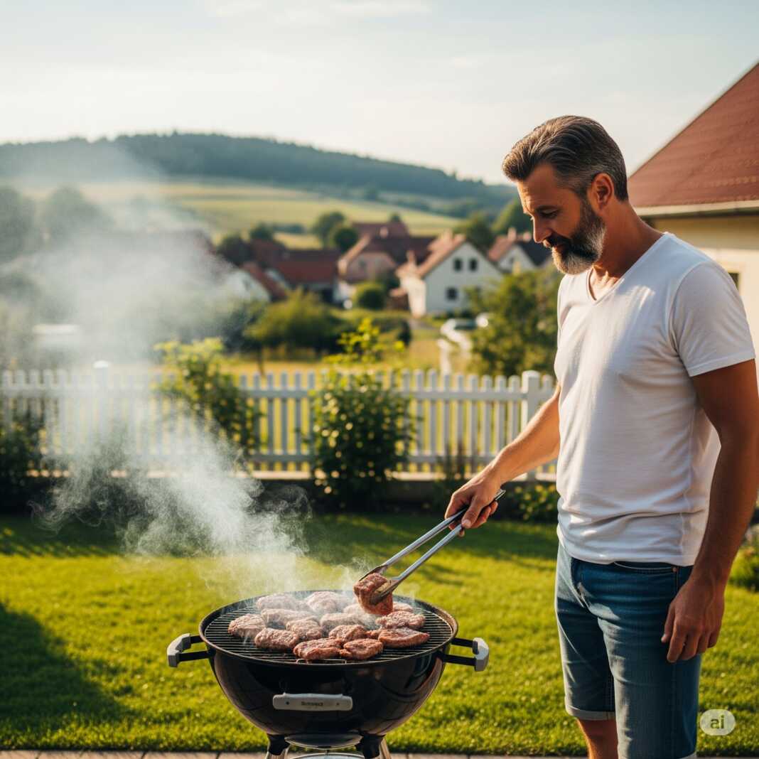 Ένας άντρας ψήνει BBQ σε μια εξωτερική ψησταριά, πιθανώς στην αυλή ενός σπιτιού ή σε έναν κήπο