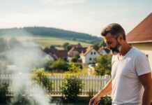 Ένας άντρας ψήνει BBQ σε μια εξωτερική ψησταριά, πιθανώς στην αυλή ενός σπιτιού ή σε έναν κήπο