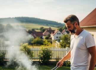 Ένας άντρας ψήνει BBQ σε μια εξωτερική ψησταριά, πιθανώς στην αυλή ενός σπιτιού ή σε έναν κήπο