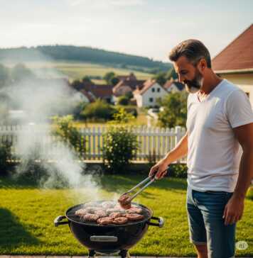 Ένας άντρας ψήνει BBQ σε μια εξωτερική ψησταριά, πιθανώς στην αυλή ενός σπιτιού ή σε έναν κήπο