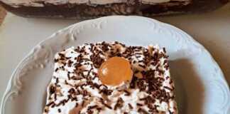 Κομμάτι από Δροσερό Γλυκό Ψυγείου με Μπισκότα, που αναδεικνύει τις διαδοχικές στρώσεις μπισκότων, κρέμας σοκολάτας και σαντιγί Μορφάτ.