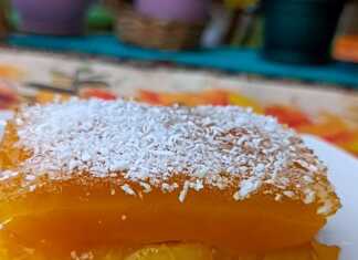 Κοντινό πλάνο σε ένα κομμάτι από Γλυκό Ψυγείου με Ροδάκινο, που αναδεικνύει τις στρώσεις φρυγανιάς, φρούτου, κρέμας και ζελέ.