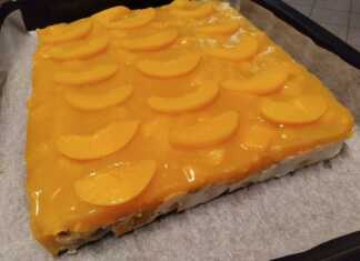 Δροσερό γλυκό ψυγείου με στρώσεις κρέμας και ροδάκινα