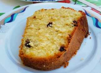 Κομμάτι από Κέικ με Γιαούρτι και Σταγόνες Σοκολάτας, που αναδεικνύει την αφράτη υφή και τις λιωμένες σταγόνες