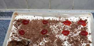 Ένα ολόκληρο ταψί Κορμός Ψυγείου με στρώσεις μπισκότων και κρέμας, διακοσμημένο με τριμμένη σοκολάτα.