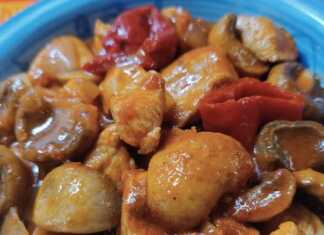 Πιάτο με Κοτόπουλο στήθος με μανιτάρια και πιπεριές Φλωρίνης σε πλούσια κόκκινη σάλτσα, έτοιμο για σερβίρισμα.