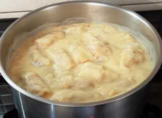 Κοντινό πλάνο σε Λαχανοντολμάδες μέσα στην κατσαρόλα, καθώς μαγειρεύονται, πριν την προσθήκη του αυγολέμονου.